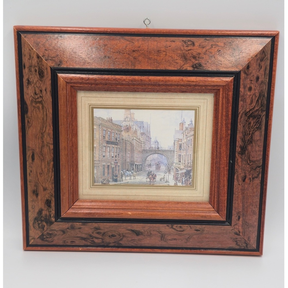 Vintage Framed Art Print European Street Scene Burl Wood Frame 10x11